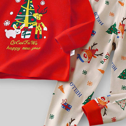 Flat-lay of Little Boys and Girls New Year and Christmas Lounge Set, highlighting soft fabric and festive details.