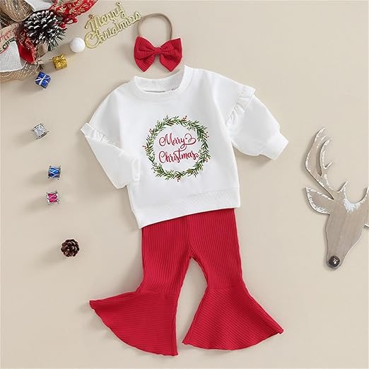 Baby Girls Merry Christmas Top with Bell Bottom Set from Ju Ju Jam, featuring a festive and stylish holiday design.