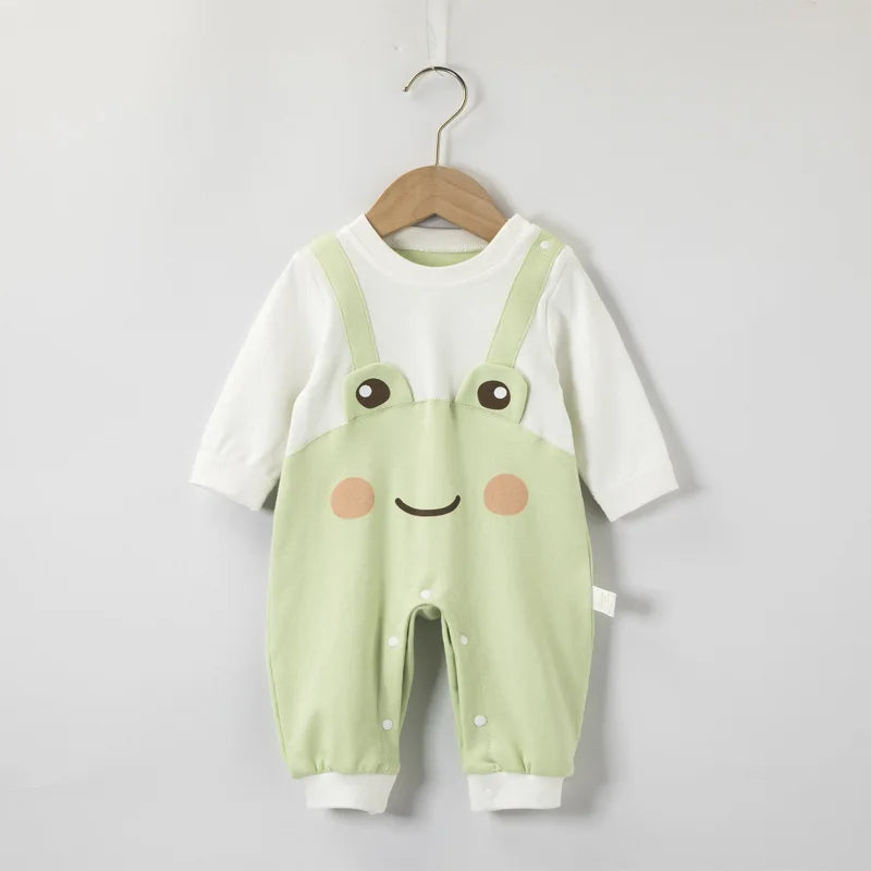 Cartoon frog-themed romper for baby boys and girls – soft and adorable outfit by Ju Ju Jam.

