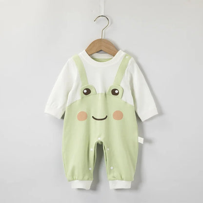 Cartoon frog-themed romper for baby boys and girls – soft and adorable outfit by Ju Ju Jam.

