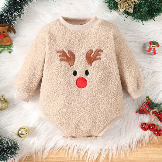 Baby Deer Lovely Christmas Romper for boys and girls, cozy festive outfit by Ju Ju Jam, perfect for holiday celebrations.