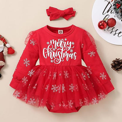 Ju Ju Jam Merry Christmas romper dress for baby girls, featuring a charming bow, ideal for Christmas festivities.