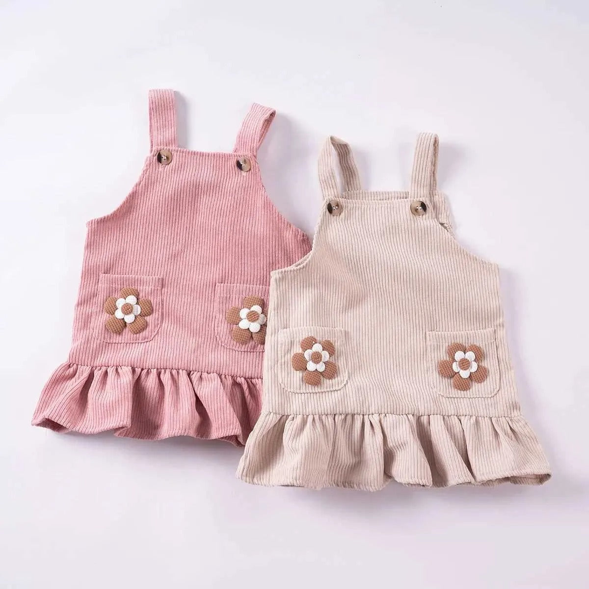 Flower Pocket Corduroy Girls Suspender Dress