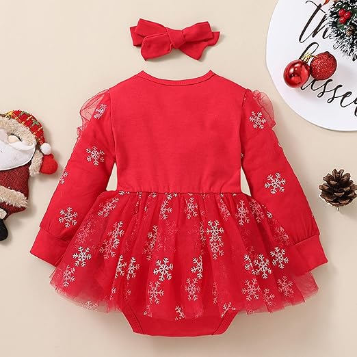 Ju Ju Jam Merry Christmas baby girls romper dress, designed with a festive bow for a special holiday look.