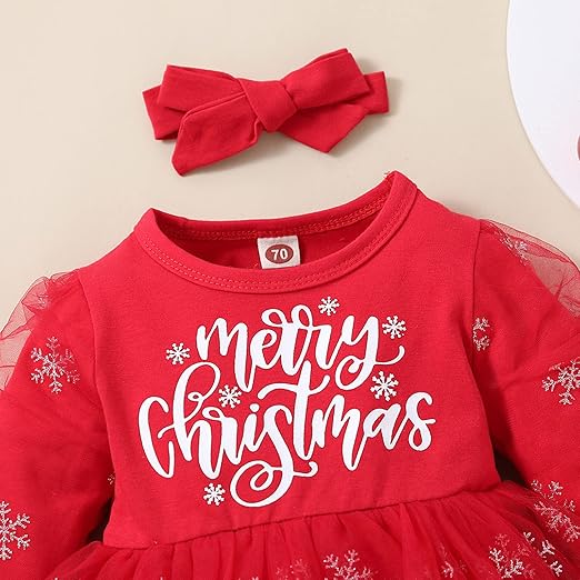 Merry Christmas romper dress for baby girls with bow detail, a cozy and cute holiday outfit by Ju Ju Jam.