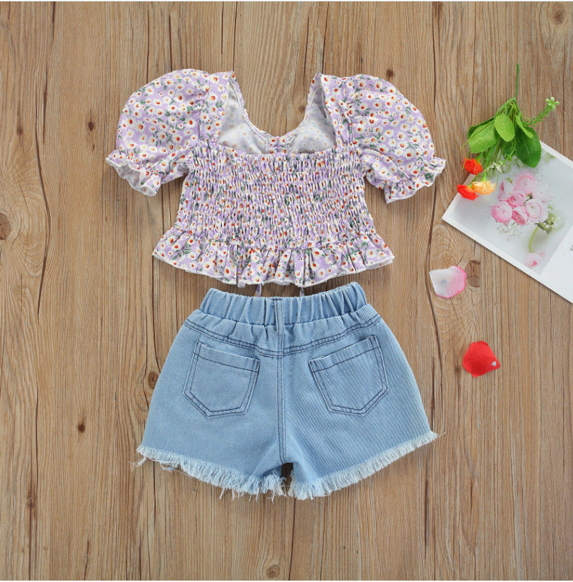 Adorable Ju Ju Jam Fancy Sleeved Top and Denim Shorts for Children