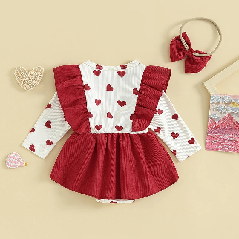Red Heart Baby Girls Romper Dress with Headbow & Socks