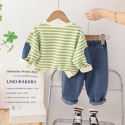 Stylish boys' outfit by Ju Ju Jam featuring green stripes and pocket detail