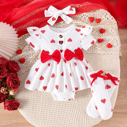 Polka Hearts Baby Girls Romper Dress Set (With Socks and Head Bow)