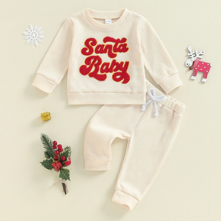 Kids wearing the Santa Baby Boys and Girls Comfy Co-ord Set, showcasing its cozy fit and festive look.