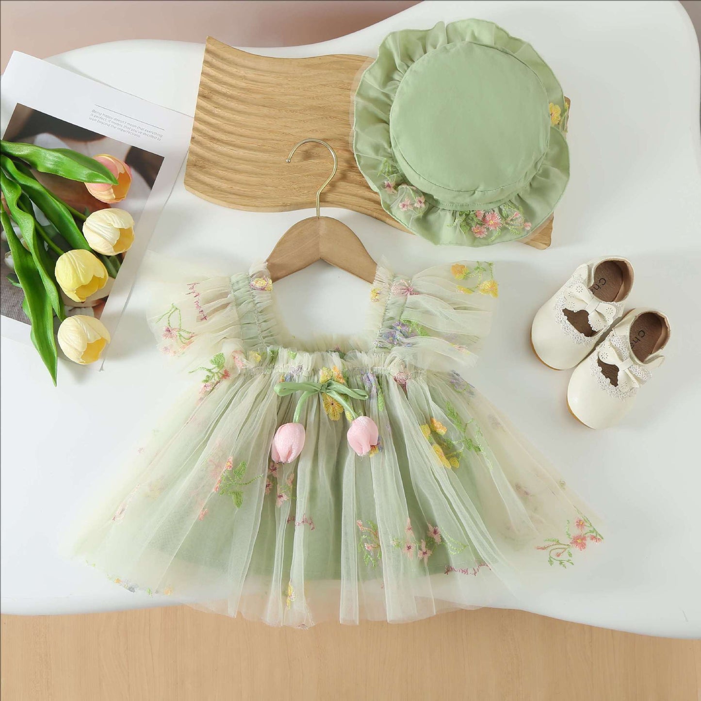 Embroidered Dream Girls Dress Set with Hat