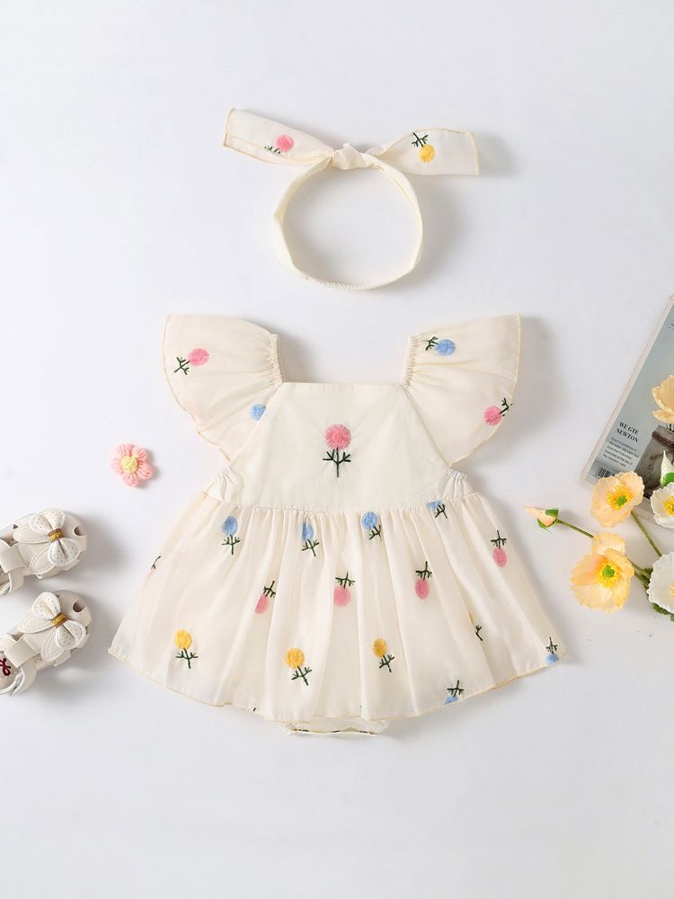 Elegant Embroidered Baby Girls Romper with Hairband