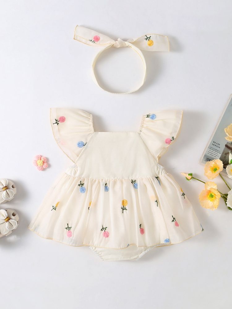 Elegant Embroidered Baby Girls Romper with Hairband