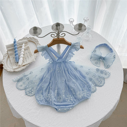 Elsa Embroidered Baby Girls Romper Dress with Hairband