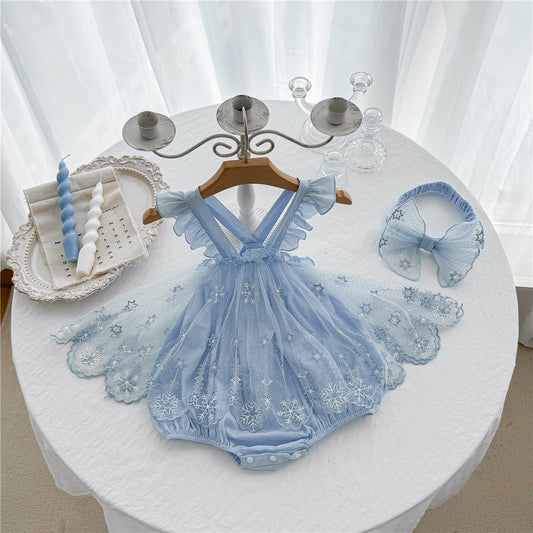 Elsa Embroidered Baby Girls Romper Dress with Hairband