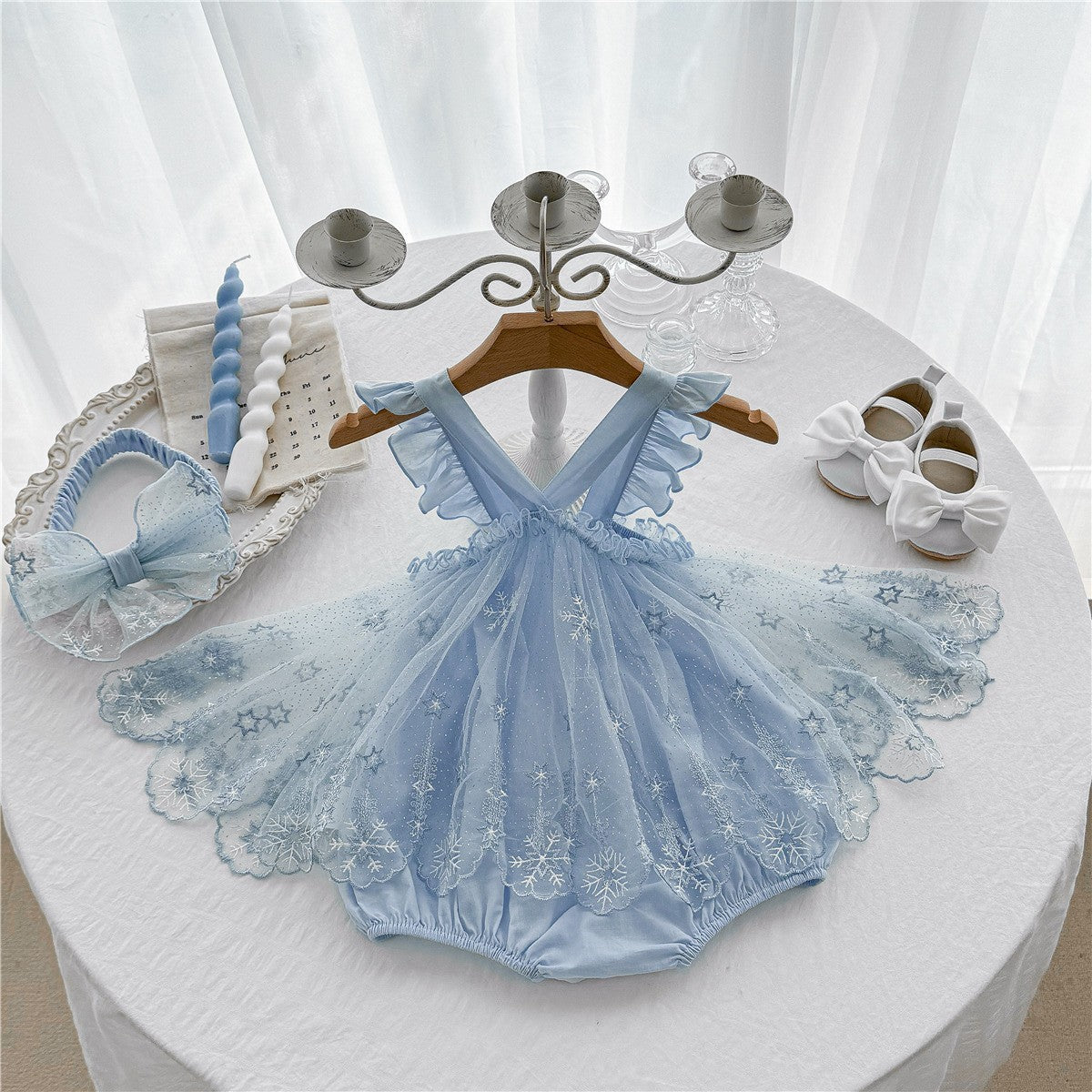 Elsa Embroidered Baby Girls Romper Dress with Hairband
