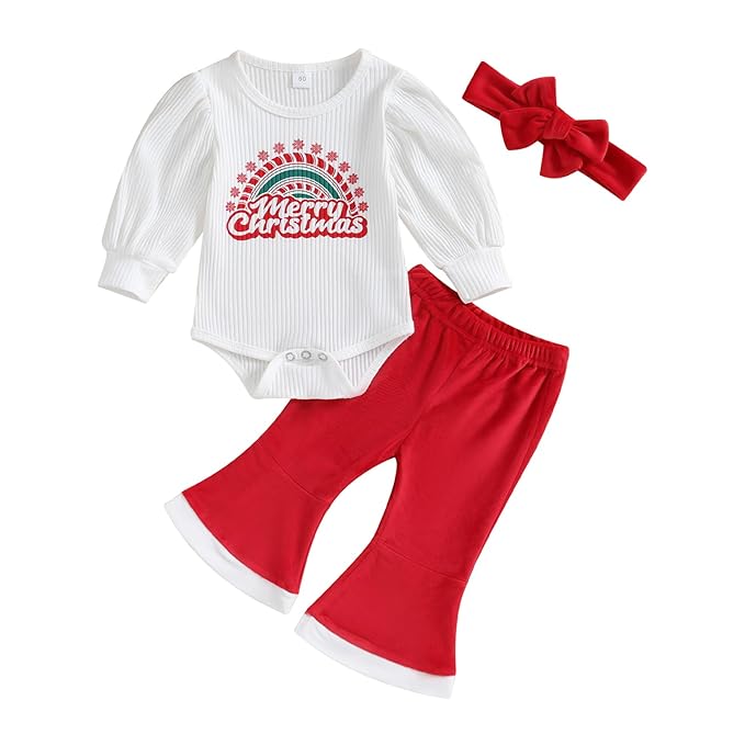 Charming Merry Christmas romper set for baby girls with a festive hairband, designed for holiday joy by Ju Ju Jam.