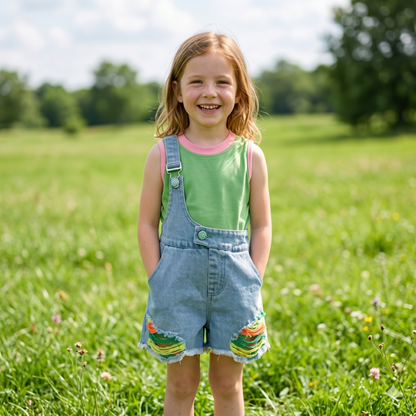 Stylish Patterned Baby Girls Denim Dungaree Set