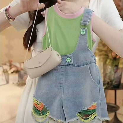 Stylish Patterned Baby Girls Denim Dungaree Set
