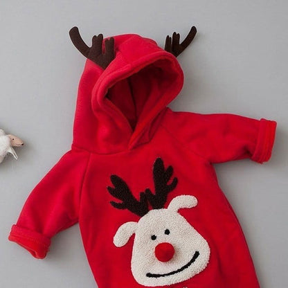 Cute 3D Reindeer design romper for baby girls and boys, festive and cozy Christmas outfit by Ju Ju Jam.